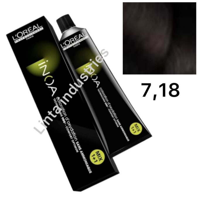 L'ORÉAL NUEVO INOA TINTE SIN AMONÍACO RAPPEL 60GR Nº7.18 RUBIO CENIZA MOKA - Imagen 1